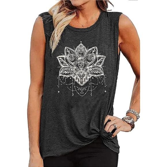 Boho Lotus Flower Printed Wide Racerback Graphic Tee Tank Top Cami T Shirt Yoga - Picture 7 of 10